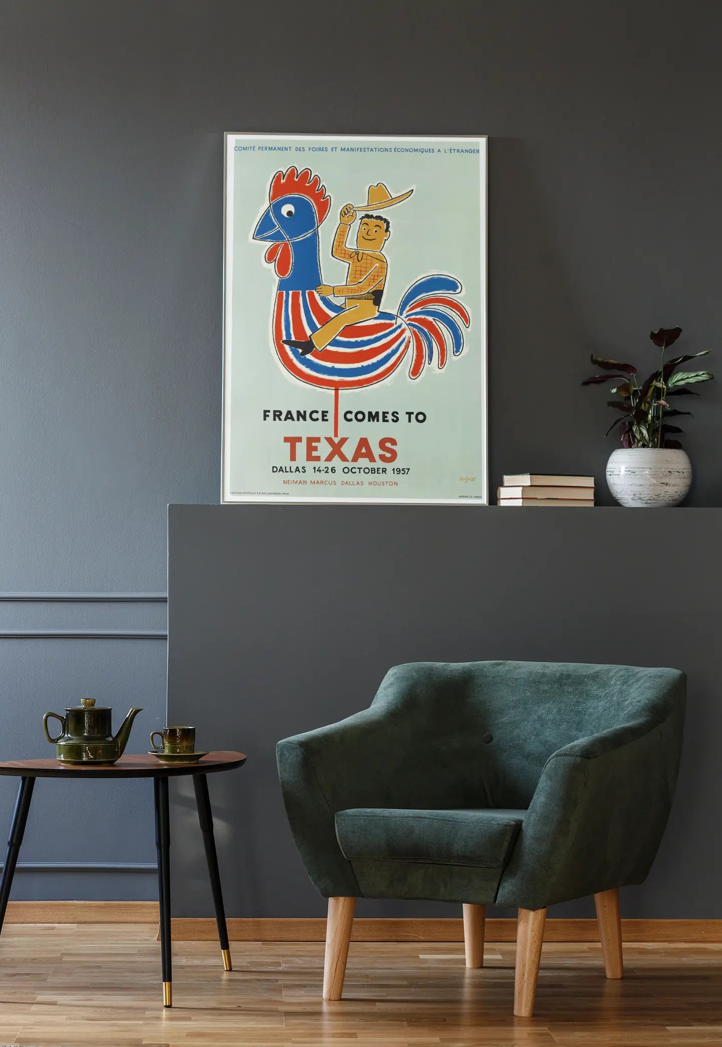 Poster de Savignac 'France comes to Texas", american retro poster, poster français retro, français vintage, pour amateur d'affiches Trendsandprints