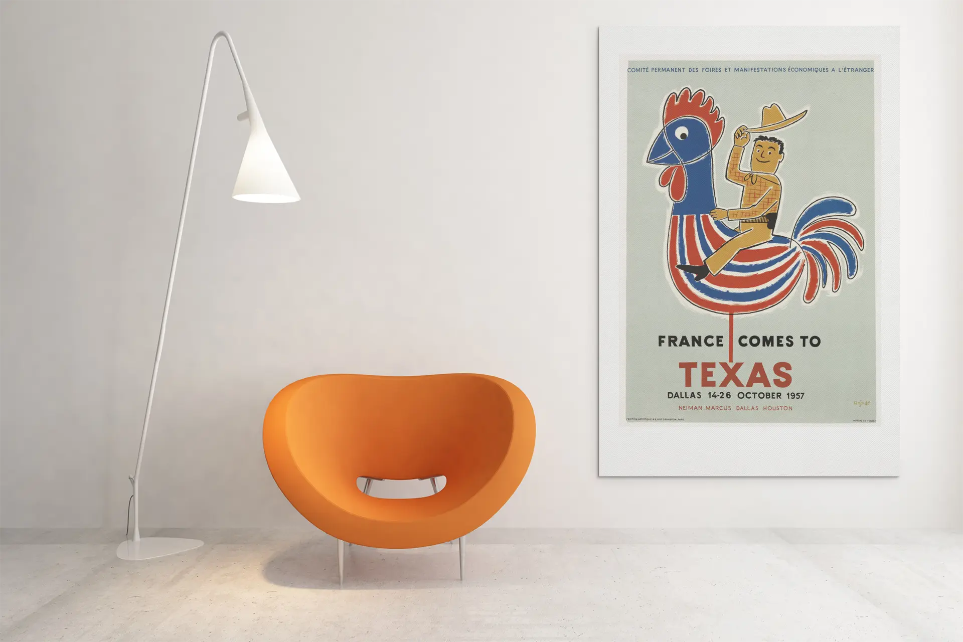 Poster de Savignac 'France comes to Texas", american retro poster, poster français retro, français vintage, pour amateur d'affiches Trendsandprints