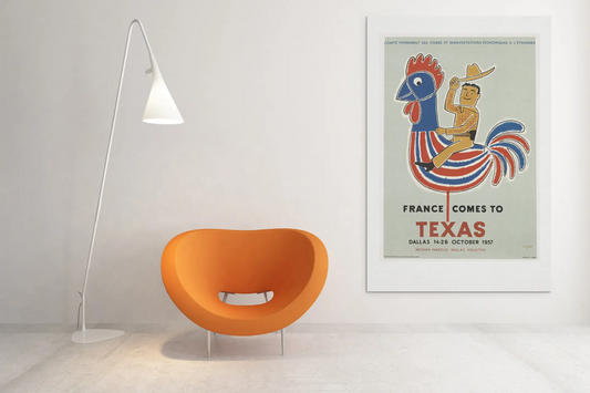 Poster de Savignac 'France comes to Texas", american retro poster, poster français retro, français vintage, pour amateur d'affiches Trendsandprints